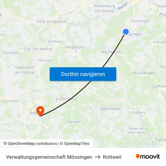 Verwaltungsgemeinschaft Mössingen to Rottweil map