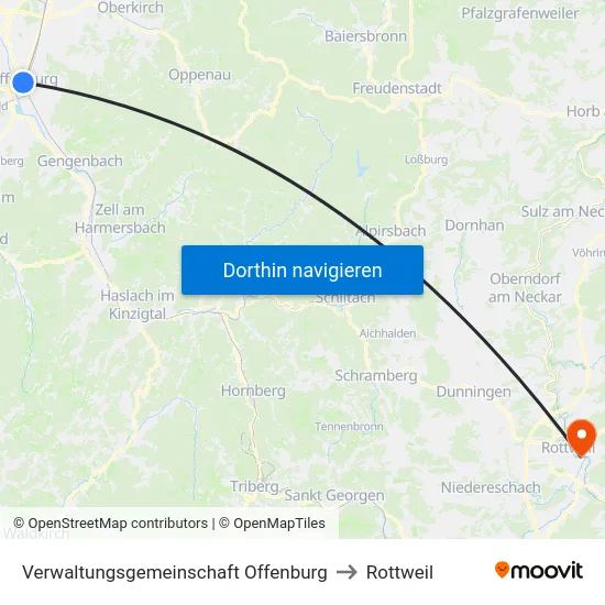 Verwaltungsgemeinschaft Offenburg to Rottweil map