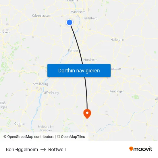 Böhl-Iggelheim to Rottweil map