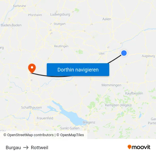 Burgau to Rottweil map