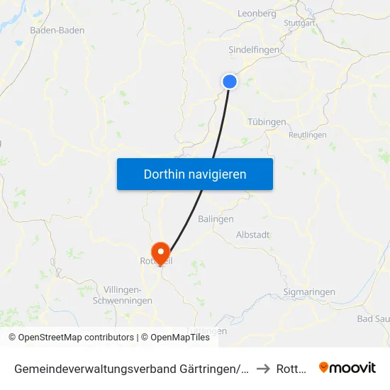 Gemeindeverwaltungsverband Gärtringen/Ehningen to Rottweil map