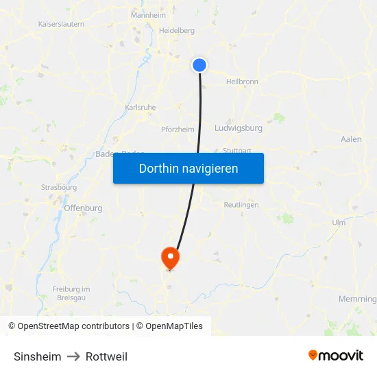 Sinsheim to Rottweil map