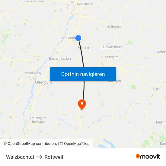 Walzbachtal to Rottweil map