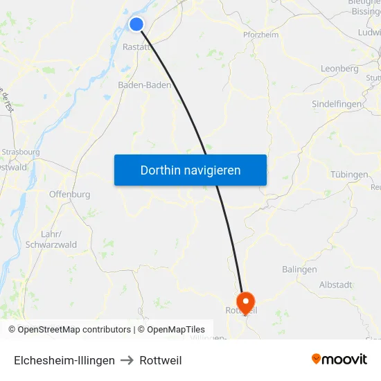 Elchesheim-Illingen to Rottweil map