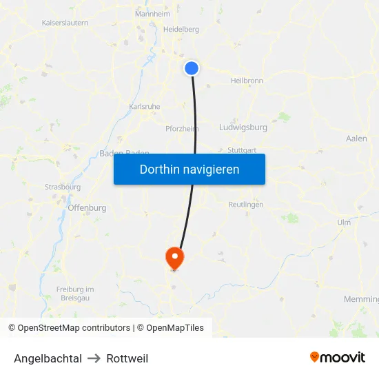 Angelbachtal to Rottweil map