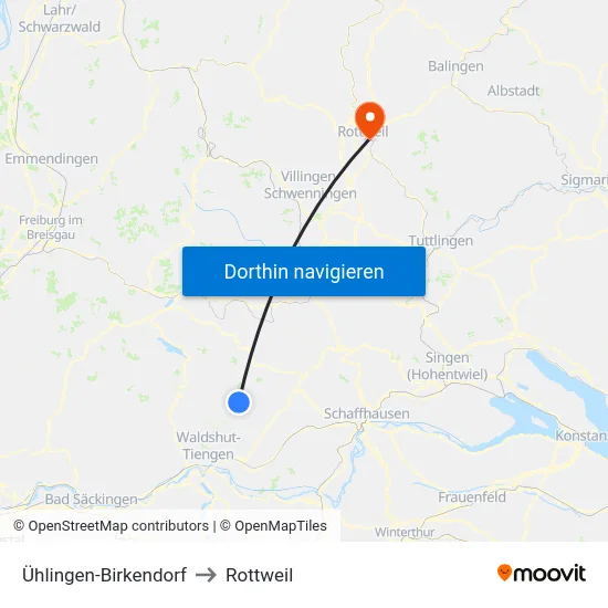Ühlingen-Birkendorf to Rottweil map