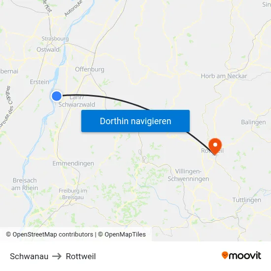 Schwanau to Rottweil map