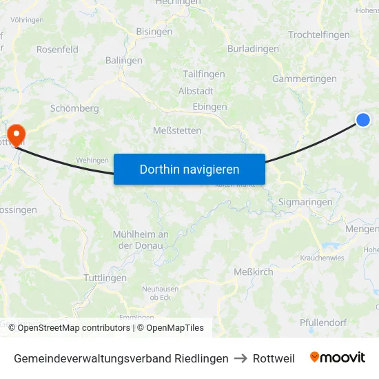 Gemeindeverwaltungsverband Riedlingen to Rottweil map