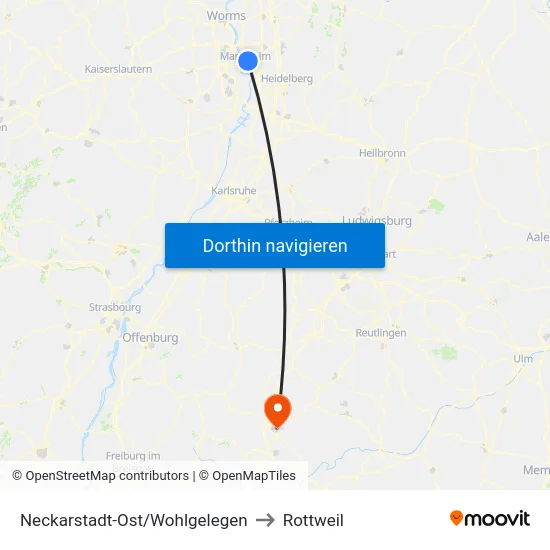 Neckarstadt-Ost/Wohlgelegen to Rottweil map