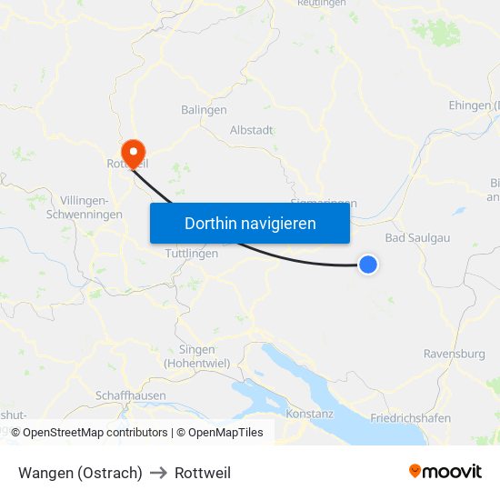 Wangen (Ostrach) to Rottweil map