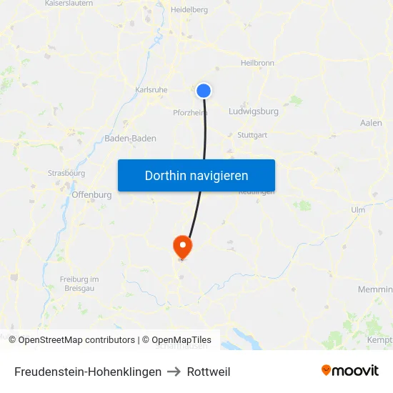 Freudenstein-Hohenklingen to Rottweil map
