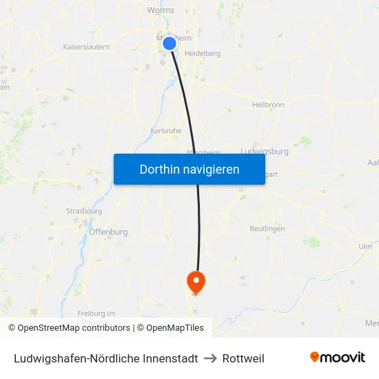 Ludwigshafen-Nördliche Innenstadt to Rottweil map