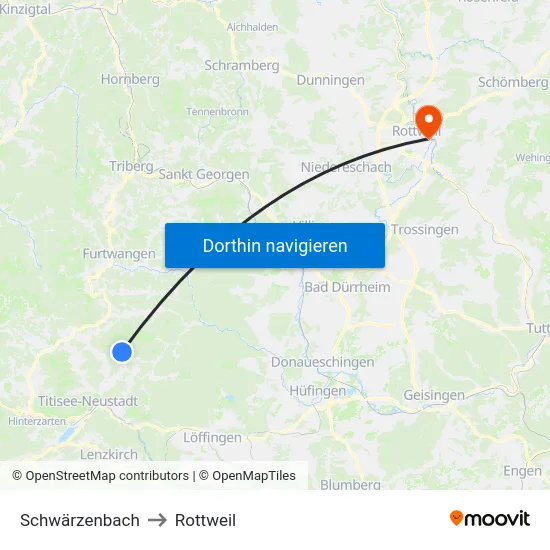 Schwärzenbach to Rottweil map