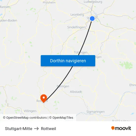 Stuttgart-Mitte to Rottweil map