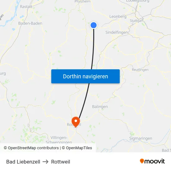 Bad Liebenzell to Rottweil map