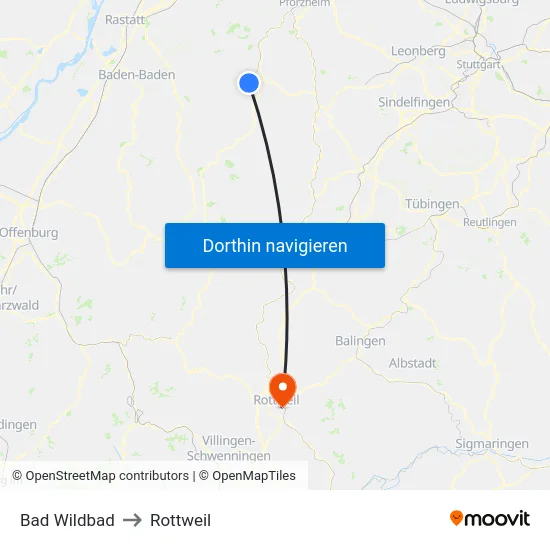 Bad Wildbad to Rottweil map
