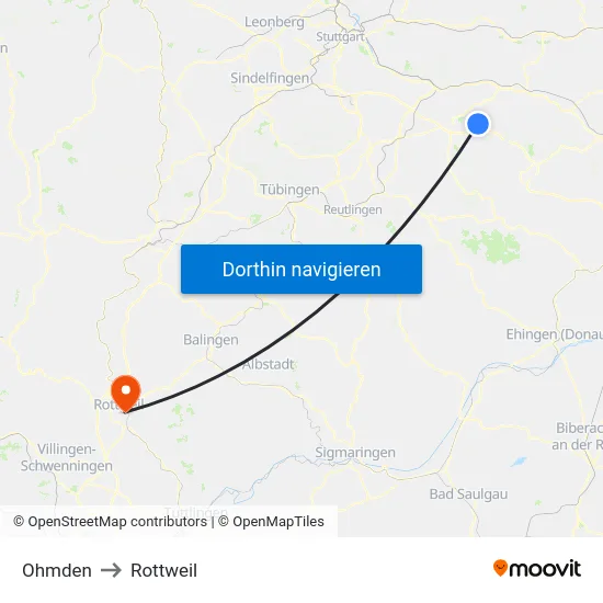 Ohmden to Rottweil map