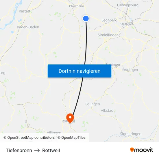 Tiefenbronn to Rottweil map