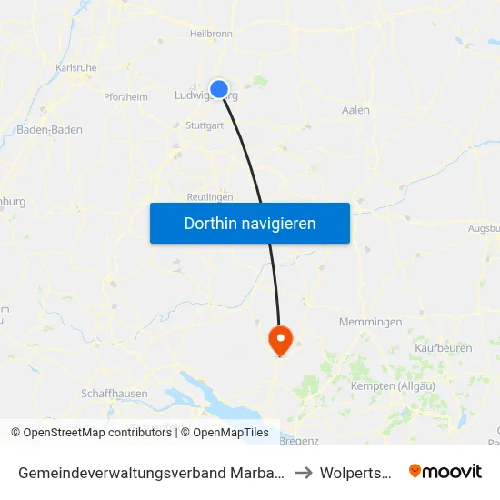 Gemeindeverwaltungsverband Marbach am Neckar to Wolpertswende map