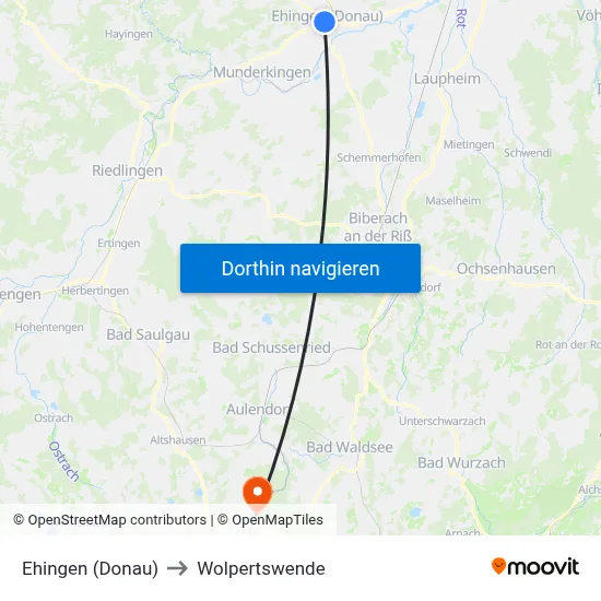 Ehingen (Donau) to Wolpertswende map