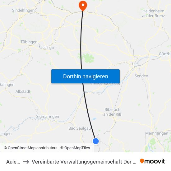 Aulendorf to Vereinbarte Verwaltungsgemeinschaft Der Stadt Ebersbach An Der Fils map