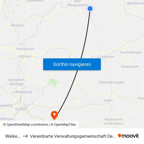 Weikersheim to Vereinbarte Verwaltungsgemeinschaft Der Stadt Ebersbach An Der Fils map