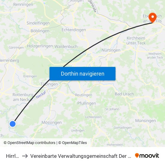 Hirrlingen to Vereinbarte Verwaltungsgemeinschaft Der Stadt Ebersbach An Der Fils map