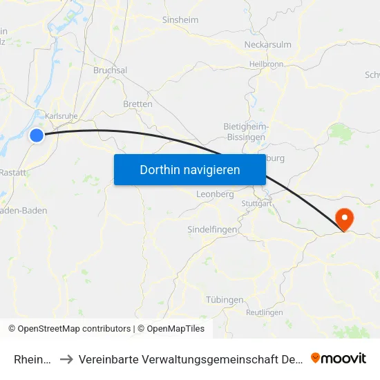 Rheinstetten to Vereinbarte Verwaltungsgemeinschaft Der Stadt Ebersbach An Der Fils map