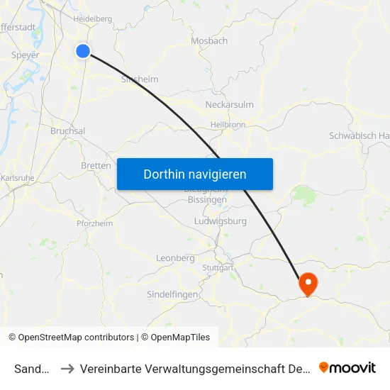 Sandhausen to Vereinbarte Verwaltungsgemeinschaft Der Stadt Ebersbach An Der Fils map