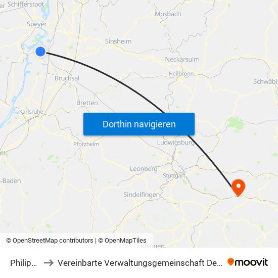 Philippsburg to Vereinbarte Verwaltungsgemeinschaft Der Stadt Ebersbach An Der Fils map