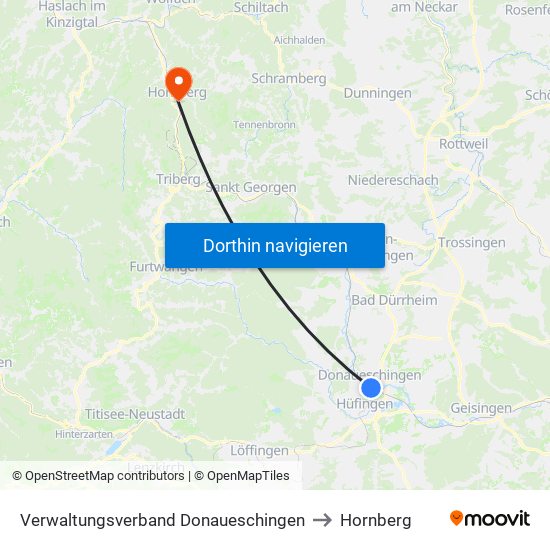 Verwaltungsverband Donaueschingen to Hornberg map