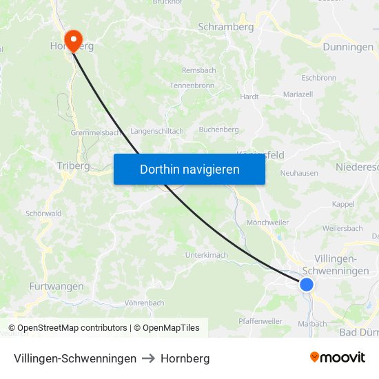 Villingen-Schwenningen to Hornberg map