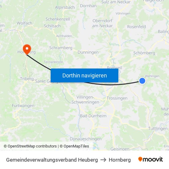 Gemeindeverwaltungsverband Heuberg to Hornberg map