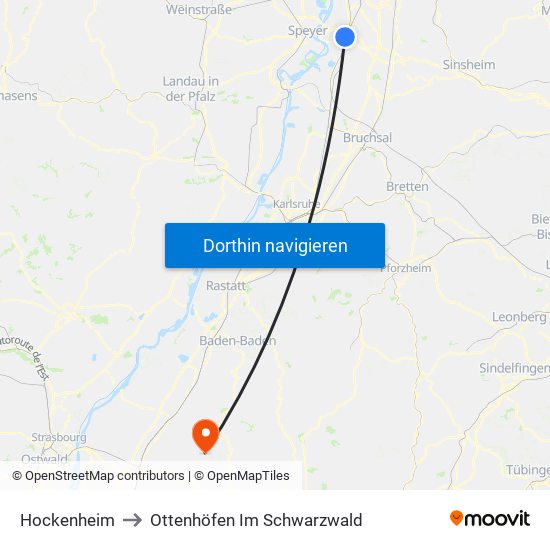 Hockenheim to Ottenhöfen Im Schwarzwald map