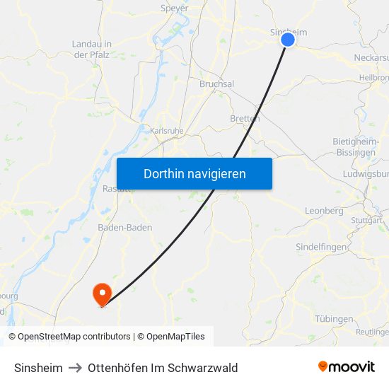 Sinsheim to Ottenhöfen Im Schwarzwald map