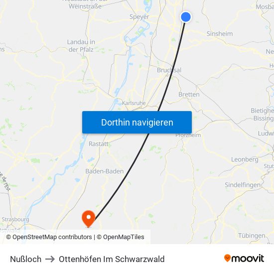 Nußloch to Ottenhöfen Im Schwarzwald map