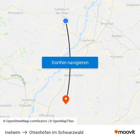 Insheim to Ottenhöfen Im Schwarzwald map