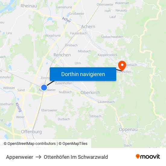 Appenweier to Ottenhöfen Im Schwarzwald map