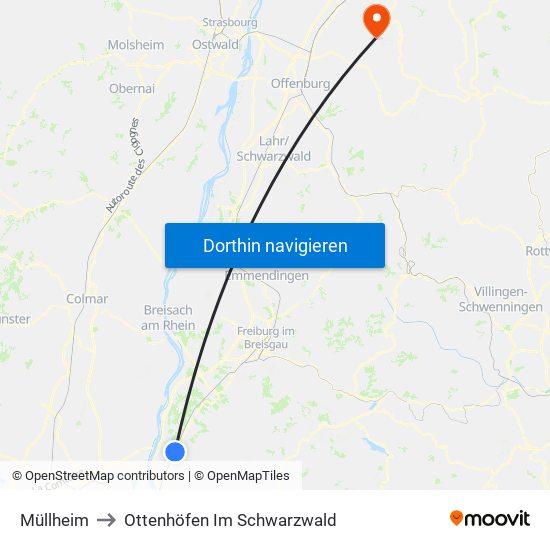 Müllheim to Ottenhöfen Im Schwarzwald map
