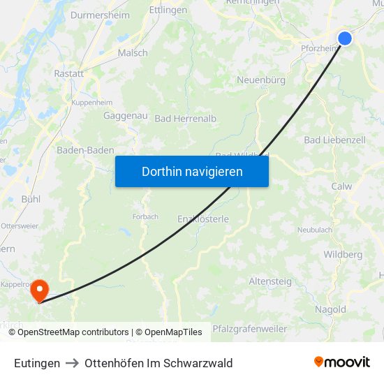 Eutingen to Ottenhöfen Im Schwarzwald map