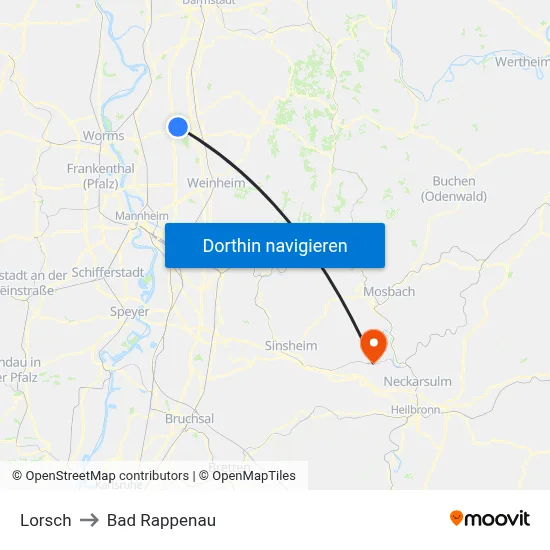 Lorsch to Bad Rappenau map