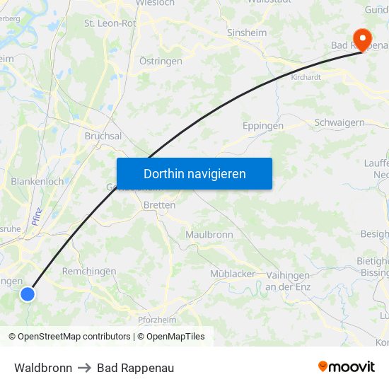 Waldbronn to Bad Rappenau map