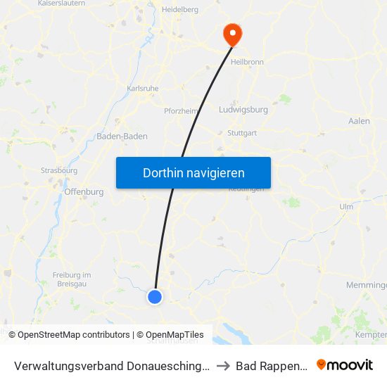 Verwaltungsverband Donaueschingen to Bad Rappenau map