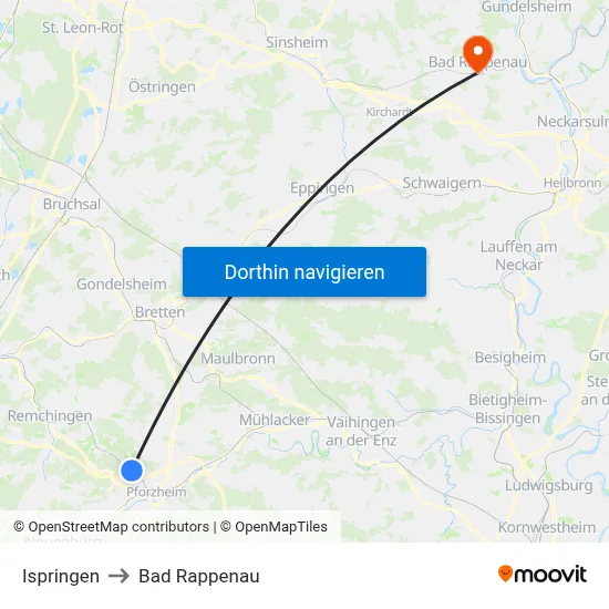 Ispringen to Bad Rappenau map