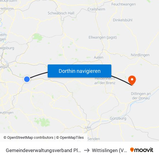 Gemeindeverwaltungsverband Plochingen to Wittislingen (Vgem) map