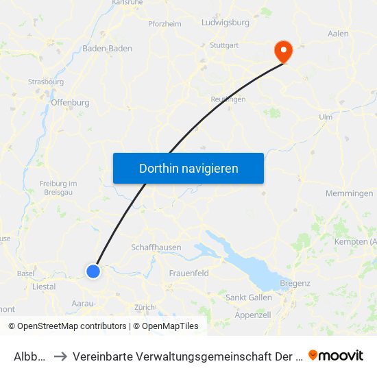 Albbruck to Vereinbarte Verwaltungsgemeinschaft Der Stadt Göppingen map