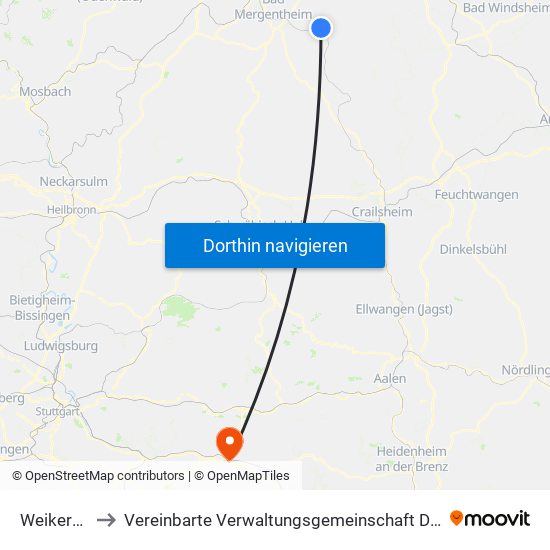 Weikersheim to Vereinbarte Verwaltungsgemeinschaft Der Stadt Göppingen map