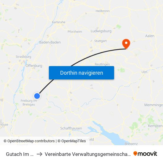 Gutach Im Breisgau to Vereinbarte Verwaltungsgemeinschaft Der Stadt Göppingen map