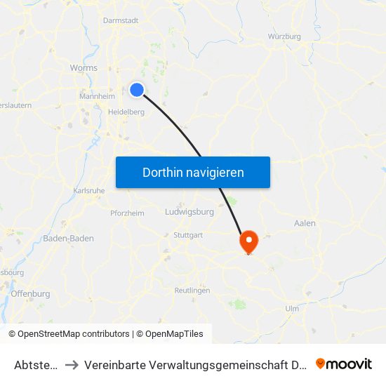 Abtsteinach to Vereinbarte Verwaltungsgemeinschaft Der Stadt Göppingen map