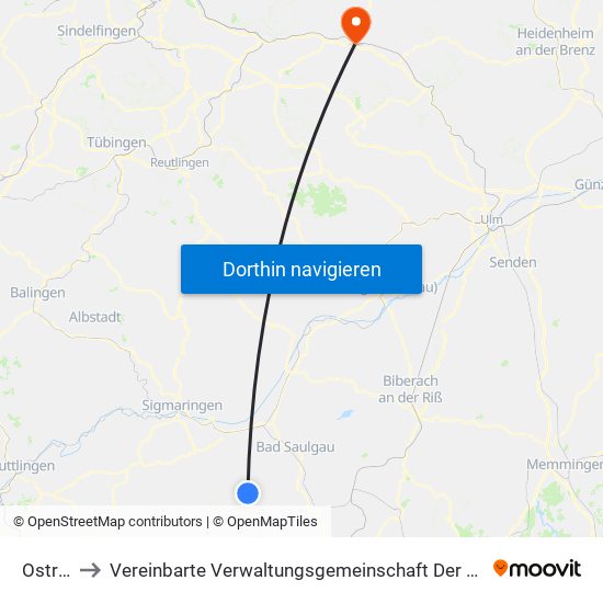 Ostrach to Vereinbarte Verwaltungsgemeinschaft Der Stadt Göppingen map